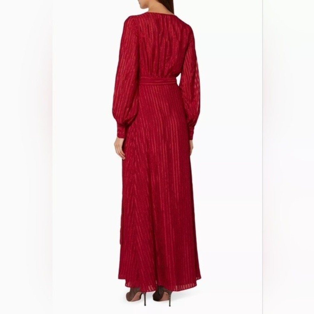Fame and Partners NWT wrap dress red burgundy sheer texture stripe Rachel sz 10 - Picture 6 of 13